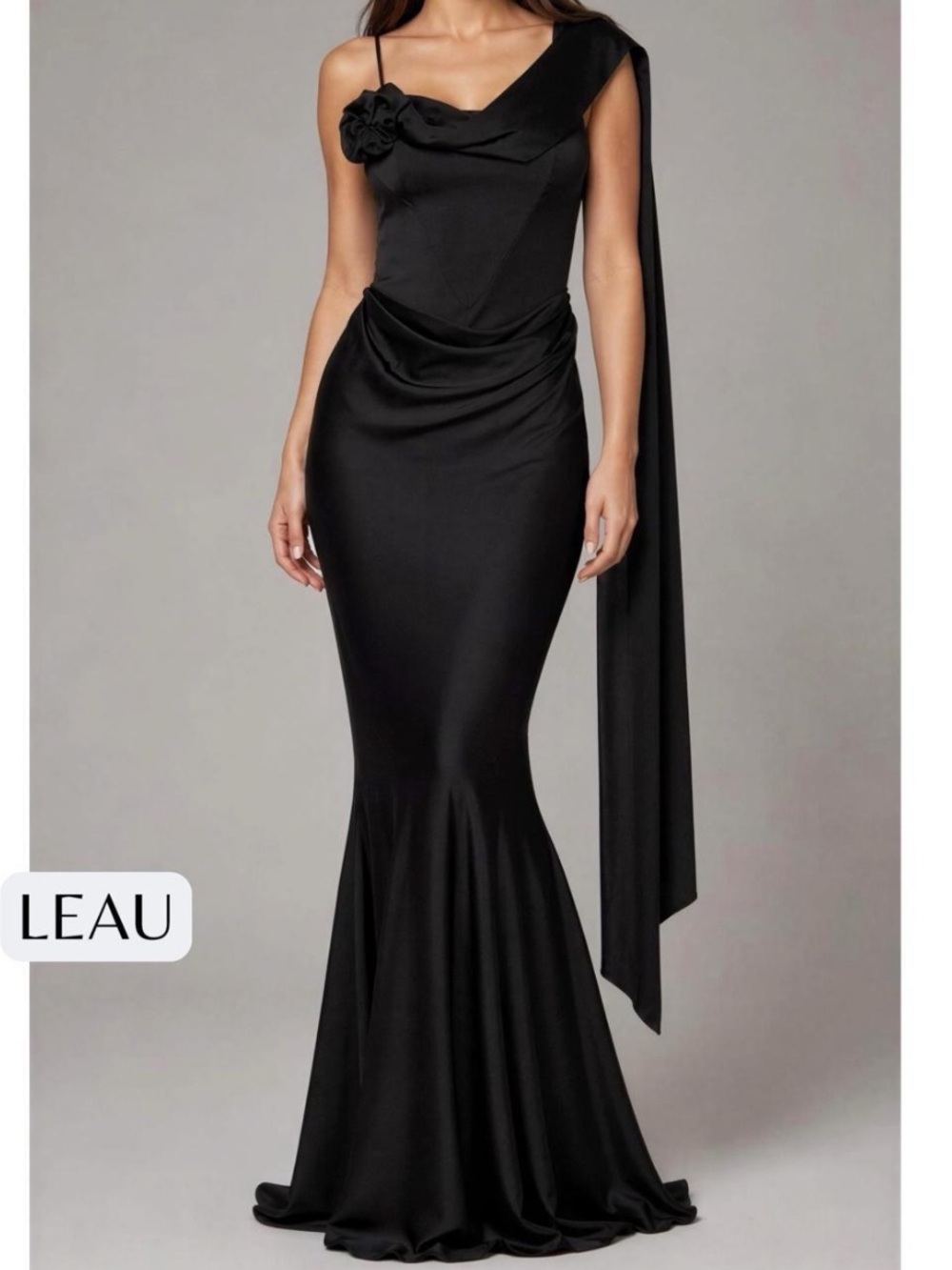 LEAU Celine Corset Drape Satin Gown, Black, Mermaid, Elegant Size M